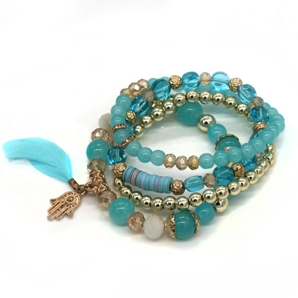 My Bead Emporium Jewelry - Bracelet Four Strands Blue & Gold Beads Chakra Charm. OS.